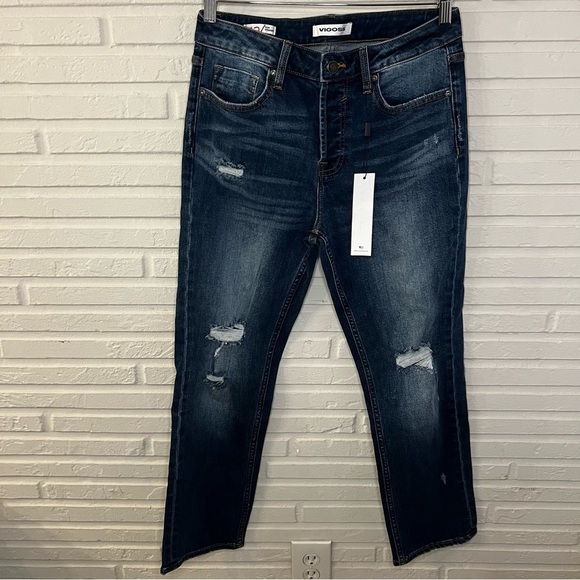 Vigoss Dark Wash Distressed Button Fly Slim Straight Jeans, Women’s Size 28 - Picture 1 of 9